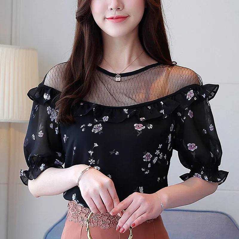 Для женщин Блузка шифон Цветочные Blusas Feminina короткий рукав топы с открытыми