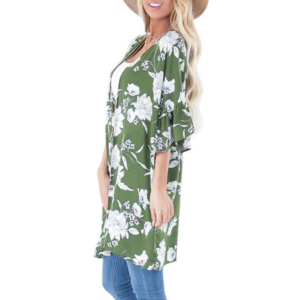 2020 воланом рукава цветочное кимоно блузка женская обувь для отдыха Топ с оборкой