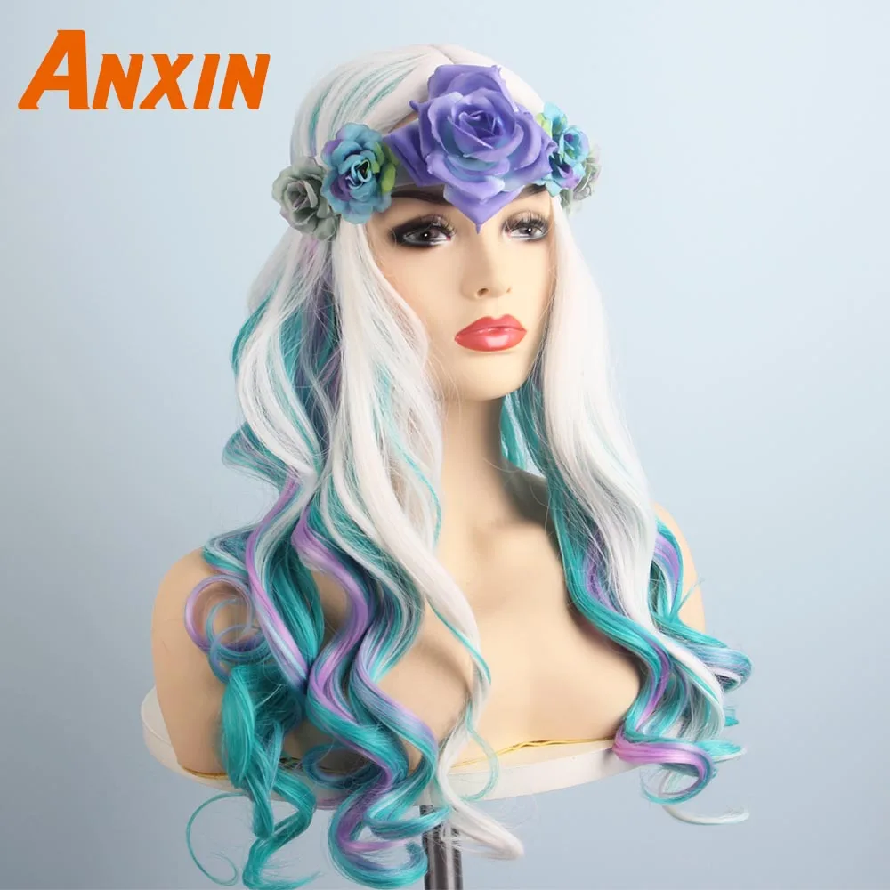 Wig And AccessorieD Anxin милые длинные волнистые красочные с цветком Bwoknot аксессуары вечерние аниме термостойкие синтетические парики для женщин девочек - Цвет: Wig And AccessorieD
