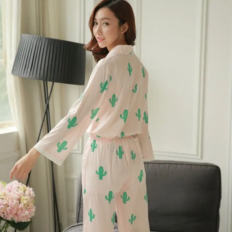 CFYH 2018 New Fashion Spring Summer cactus pattern Comfortable pajamas silk satin two piece suit | Женская одежда