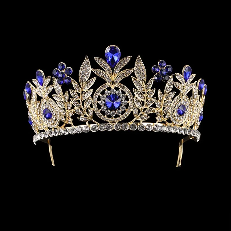 Свадебные аксессуары для волос в стиле барокко золотистые и синие кристаллы