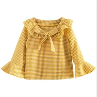 dfxd 2018 autumn kids girls clothes new korean baby long flare sleeve o neck bowknot plaid tops children blouses for 2 8years