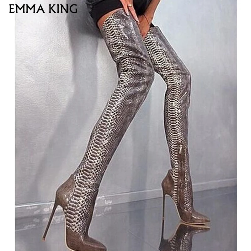 Emma king/соблазнительные сапоги ботфорты из змеиной кожи высокие до колена с острым
