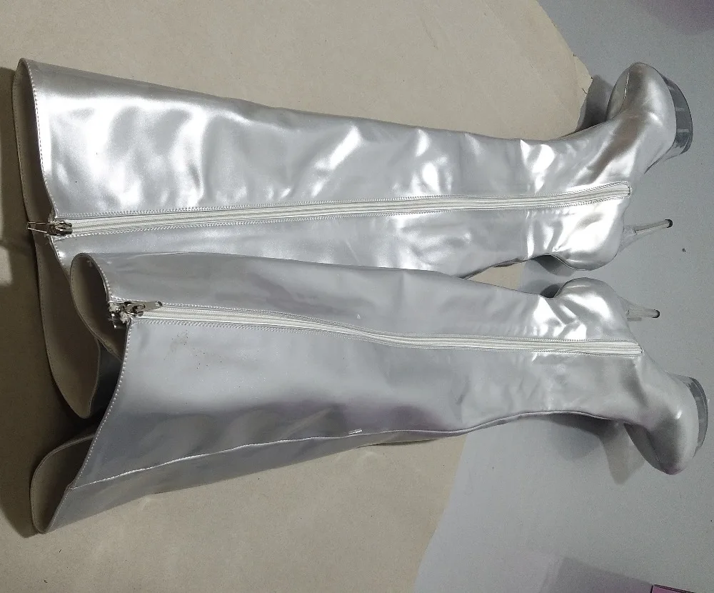 Горячие скидки высокие женские сапоги из серебряной лакированной кожи 6-дюймовая