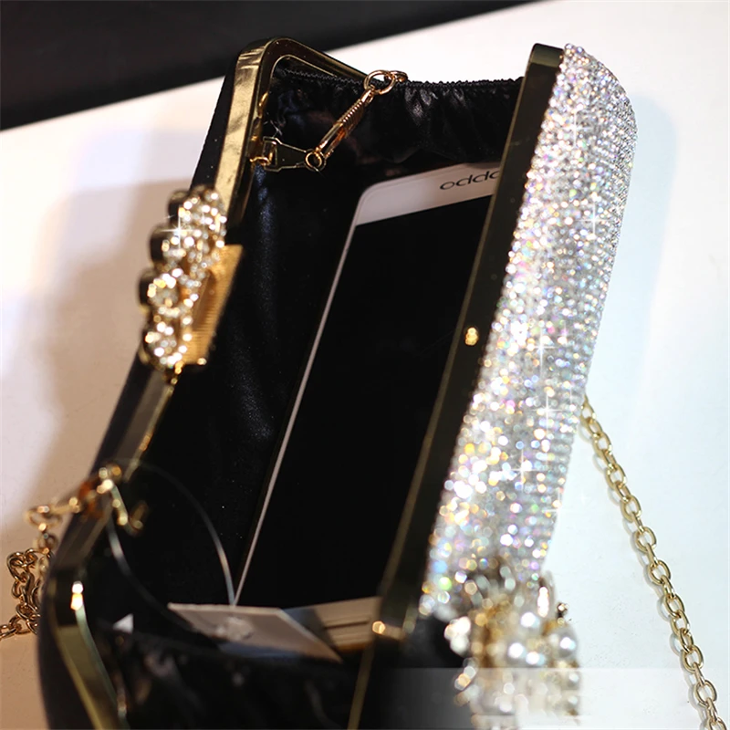 Luxury Handbag Crystal Clutch Women Bridal Wedding Shoulder Bag Floral Genuine Leather Rhinestone Purse Chain Evening Party Bags