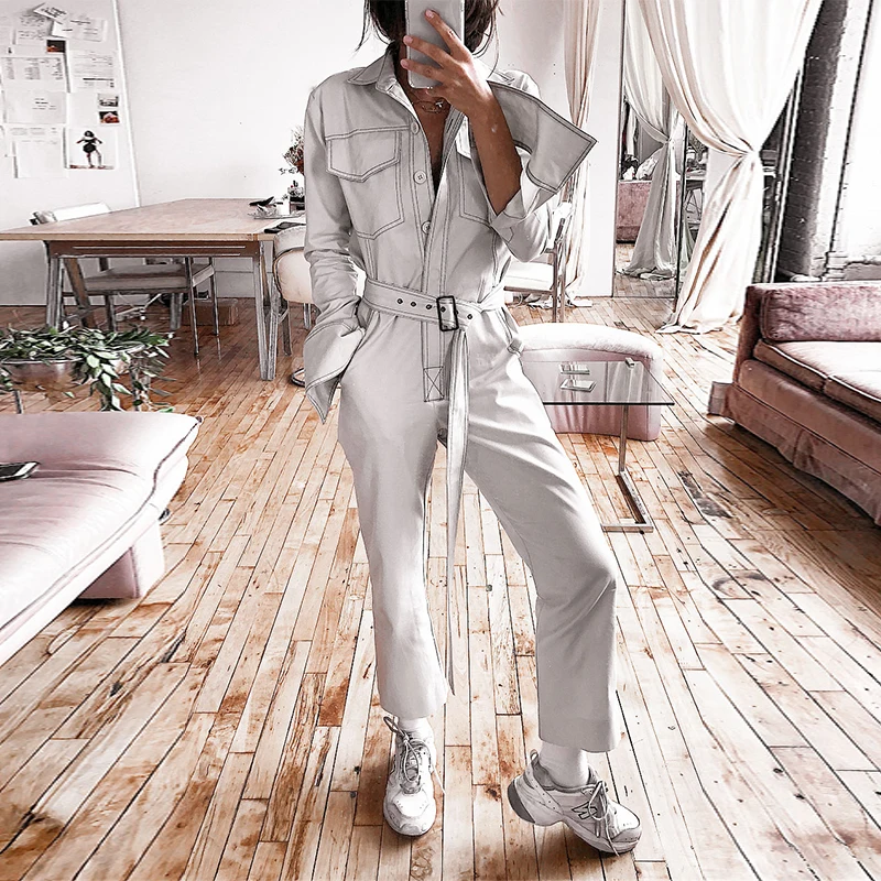 Элегантный женский комбинезон с поясом и карманами Однотонный длинным рукавом