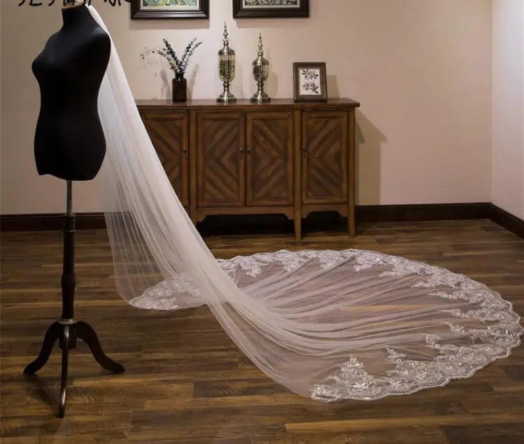 Длинная кружевная вуаль для свадьбы собора белая иллюзия цвета слоновой кости