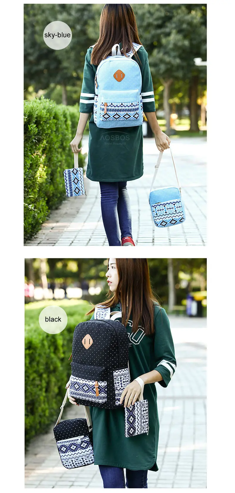 Aosbos 3 шт./компл. стильная Печать на холсте, школьные рюкзаки для девочек-подростков, Винтаж геометрический узор женские рюкзаки mochila escolar