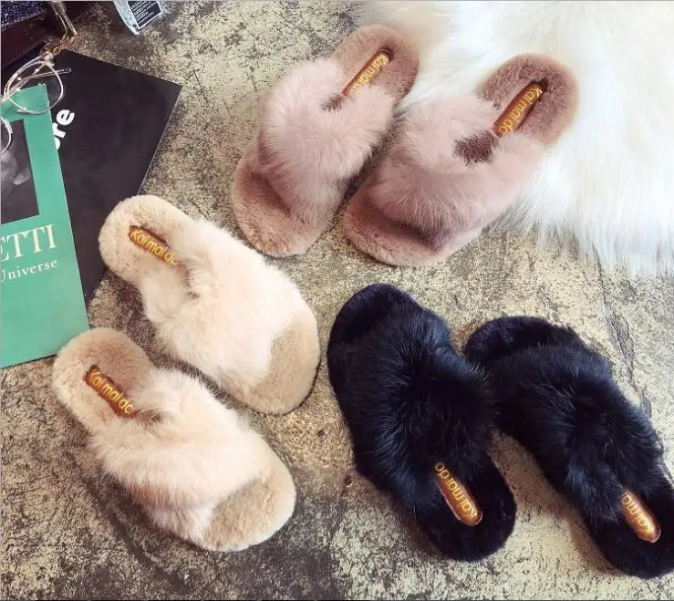 COOLSA Women's Fluffy Rabbit Fur Slippers Fashion Indoor Cross Fur Slides Casual Push Cotton Flip Flops Large Size Shoes