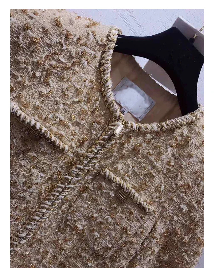 Cosmicchic Женский комплект из 2 предметов, короткий рукав, твидовая куртка, золотая линия, пальто с круглым вырезом и карманом, элегантная дизайнерская подиумная короткая юбка