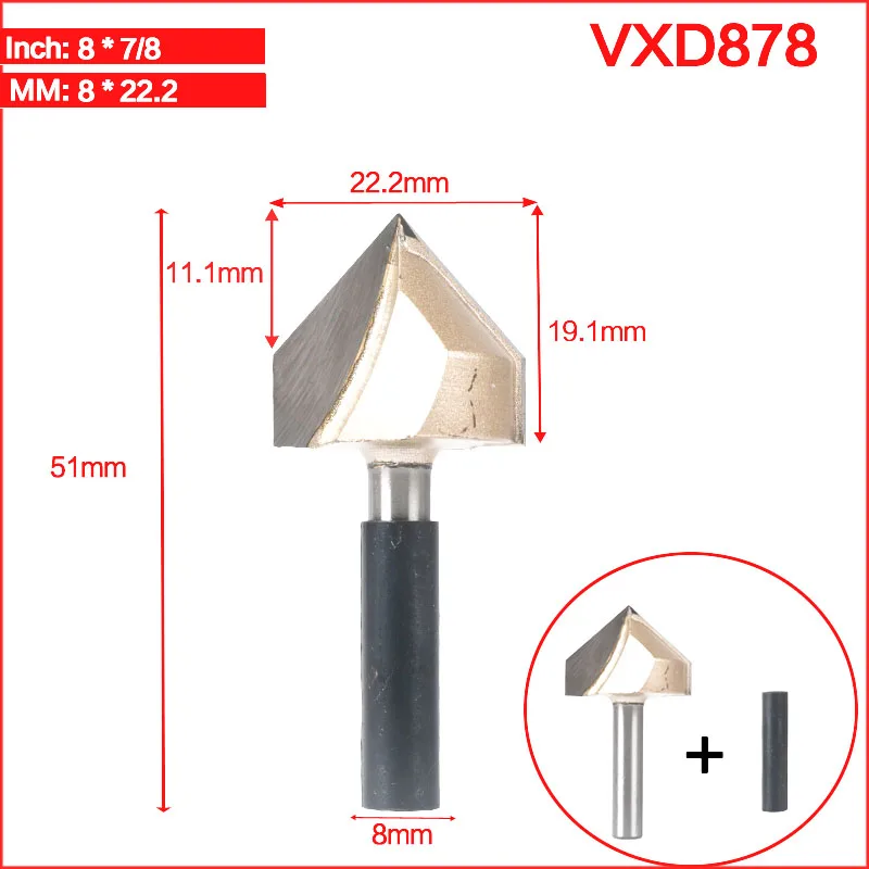 VXD878 Tideway 8 мм хвостовик V тип долбежный резак профессиональные фрезы для дерева 90 град Вольфрам Деревообработка Резьба Инструменты - Длина режущей кромки: VXD878