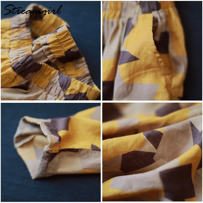 Женские льняные хлопковые шаровары с принтом летние мешковатые брюки цветочным