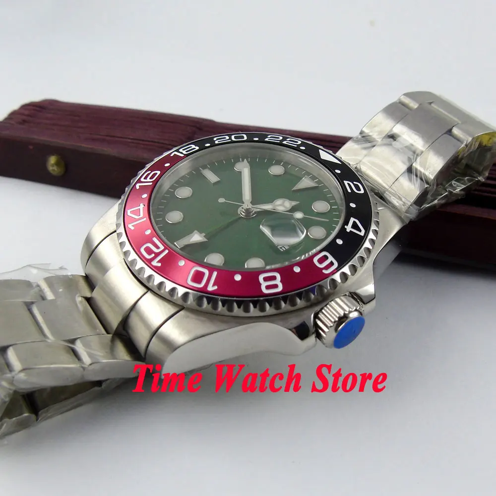 Мужские часы Bliger зеленые стерильные черные красные Безель сапфировое стекло GMT