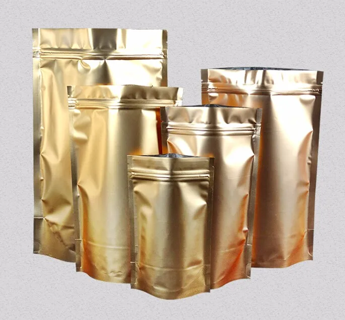 

100pcs Golden Stand up Zip Lock Bag Dried Food Fruit Tea Packaging Pouches Aluminum Foil Zipper Self Sealing Party Gift Bag