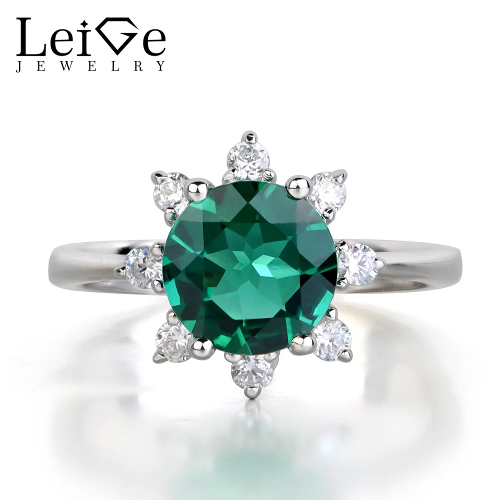 

Leige Jewelry Emerald Ring for Women Silver 925 Round Cut Green Wedding Engagement Rings Fine Jewelry Sunflower Anniversary Gift
