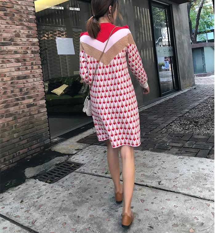 Осень 2018 зимний трикотаж толстой платье стояк молния лотос заплатка красная