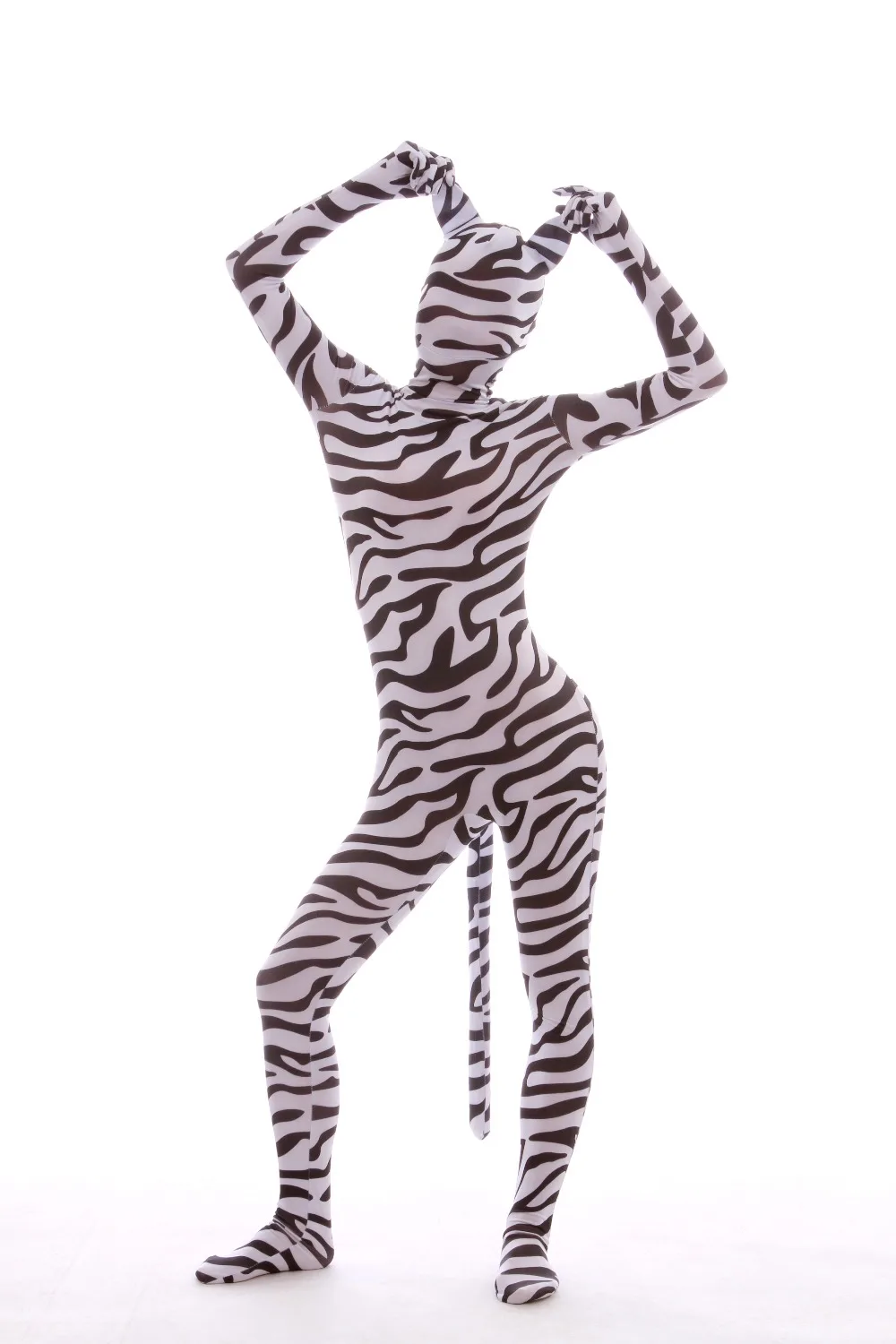 Mandy Adult Spandex Lycra Unisex Zebra Print Animal Full Body Zentai Suit with Ear and Tail Skin Tight Unitard Costume | Тематическая