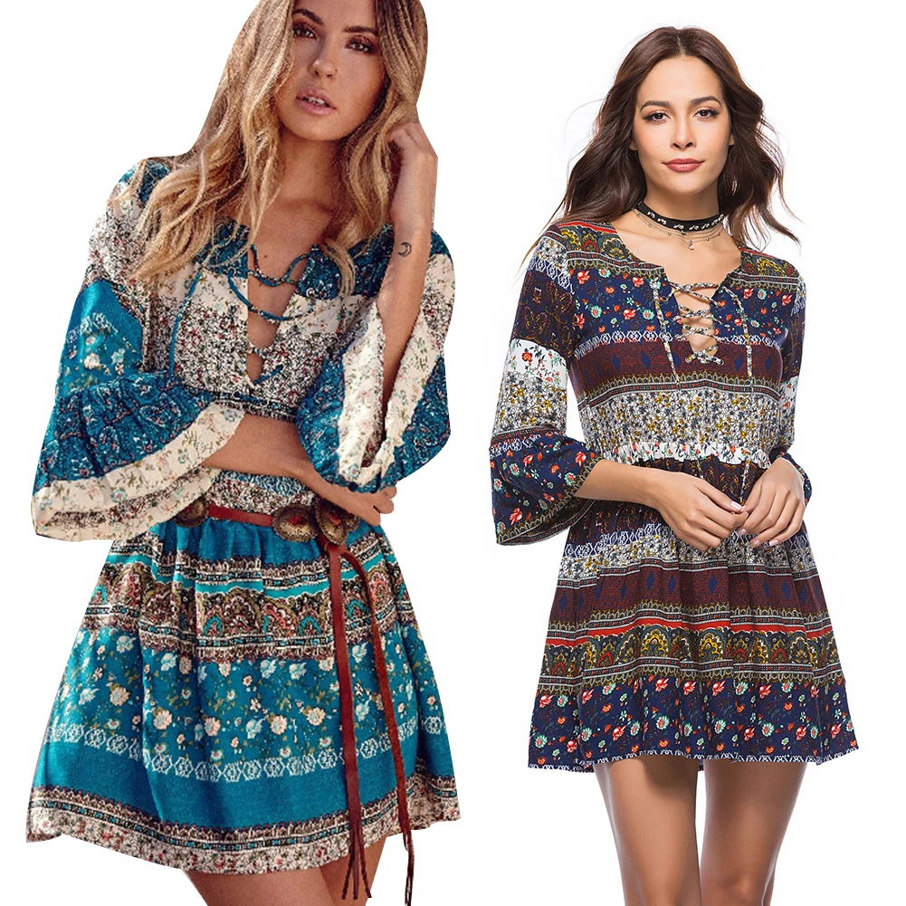 Boho летние платья с коротким рукавом, цветочный принт, v-образный вырез, шнуровка, мини Повседневное платье, женское богемное хиппи, шик, Vestidos, одежда