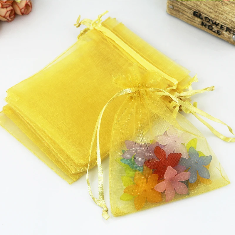 

500pcs/lot Organza Bags 11x16cm Wedding Jewelry Gift bag Gold Transparent Organza Drawstring Rectangle Bags