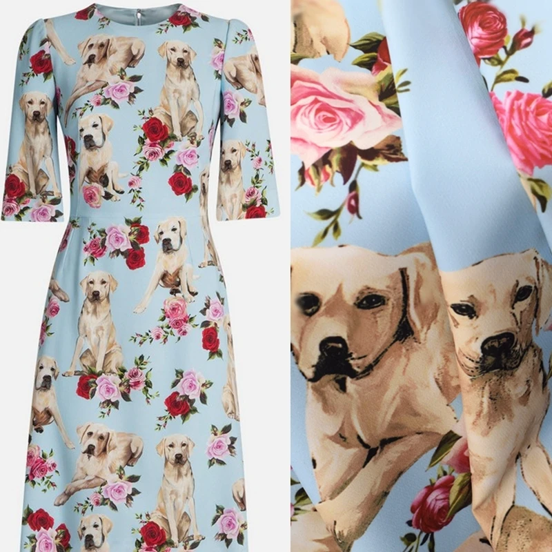 

2 Colors Fashion Rose Dog Digital Painting Fine Twill Satin Fabric For Dress Telas Por Metro Tissus Au Mètre Ткань Для Шитья Diy