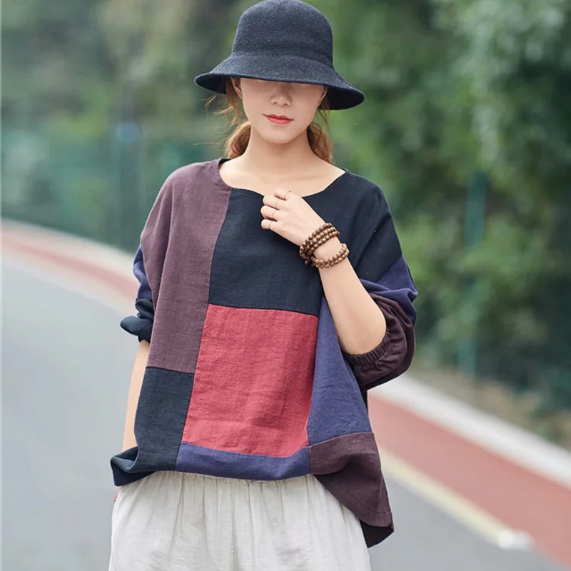 SCUWLINEN 2019 Для женщин Демисезонный Повседневное Топы Винтаж плед лоскутное