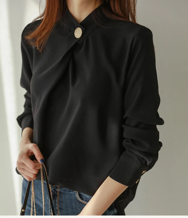 Blusas mujer de moda, винтажный шифоновый свитер, осенняя стильная женская блузка, рубашка с длинным рукавом и стоячим воротником, Свободная блуза 1478 45