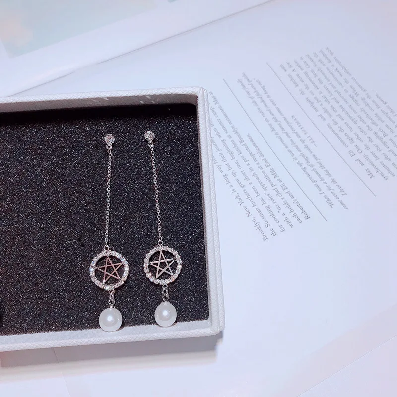 Star pearl cz Длинные серьги серебро 925 pin гипоаллергенный fadeless сплав моды для женщин