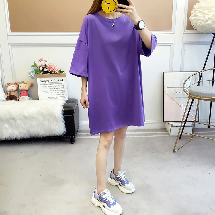Женская длинная футболка большого размера с коротким рукавом, нижняя часть тела, футболка из хлопка, свободная тонкая модная длинная футболка для женщин