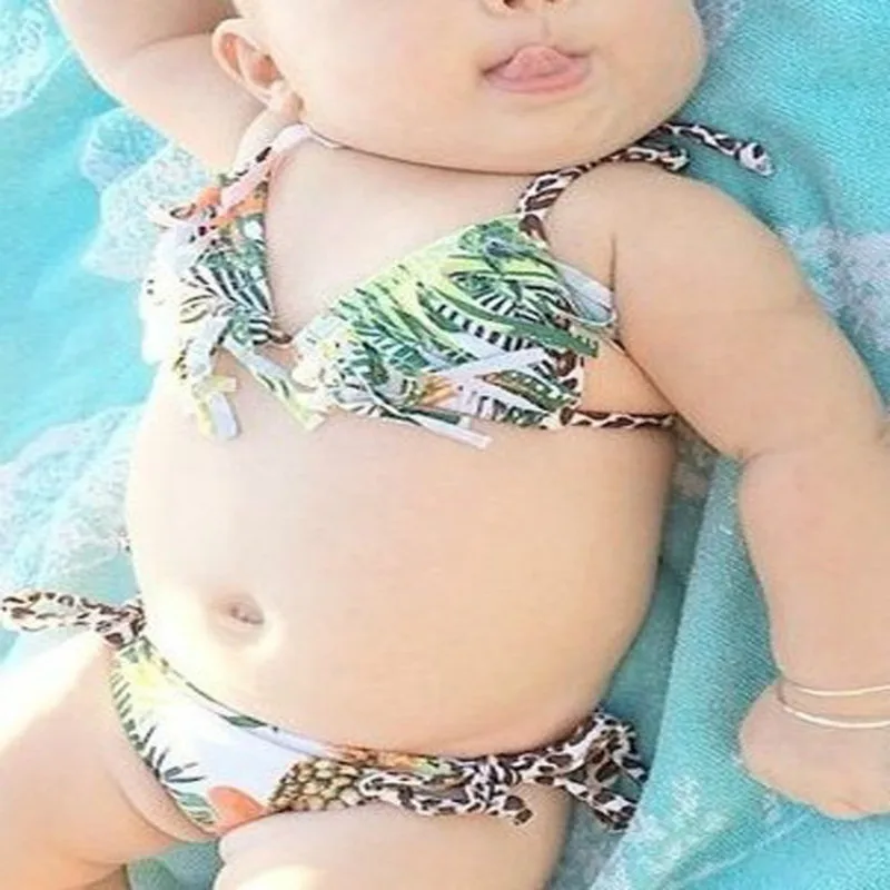 Girl Tassel Bikinis Green Tree Flower Print Leopard Bandage Swimsuit Baby Kids Bathing Suit for Beach Infants 2 Pcs Bikini Sets |