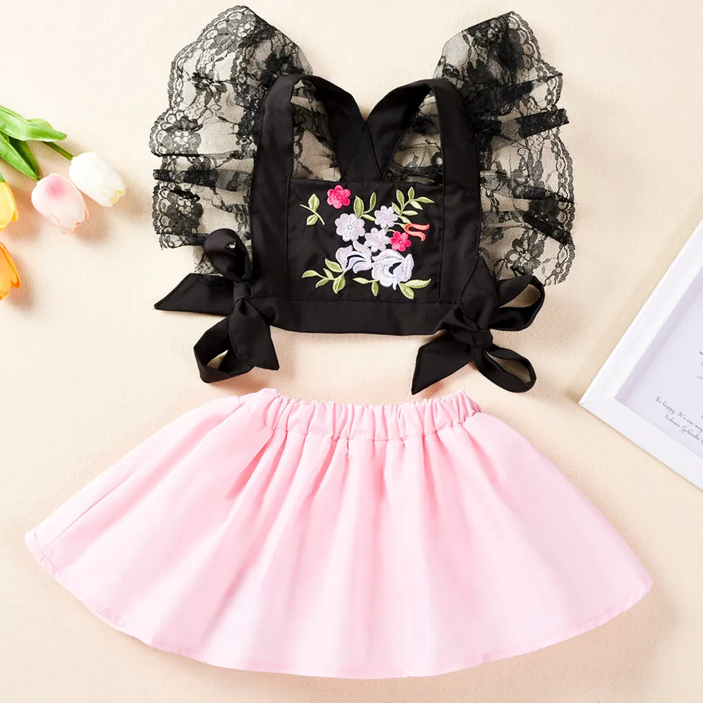 Одежда для девочек Детские комплекты одежды маленьких с кружевной вышивкой топы