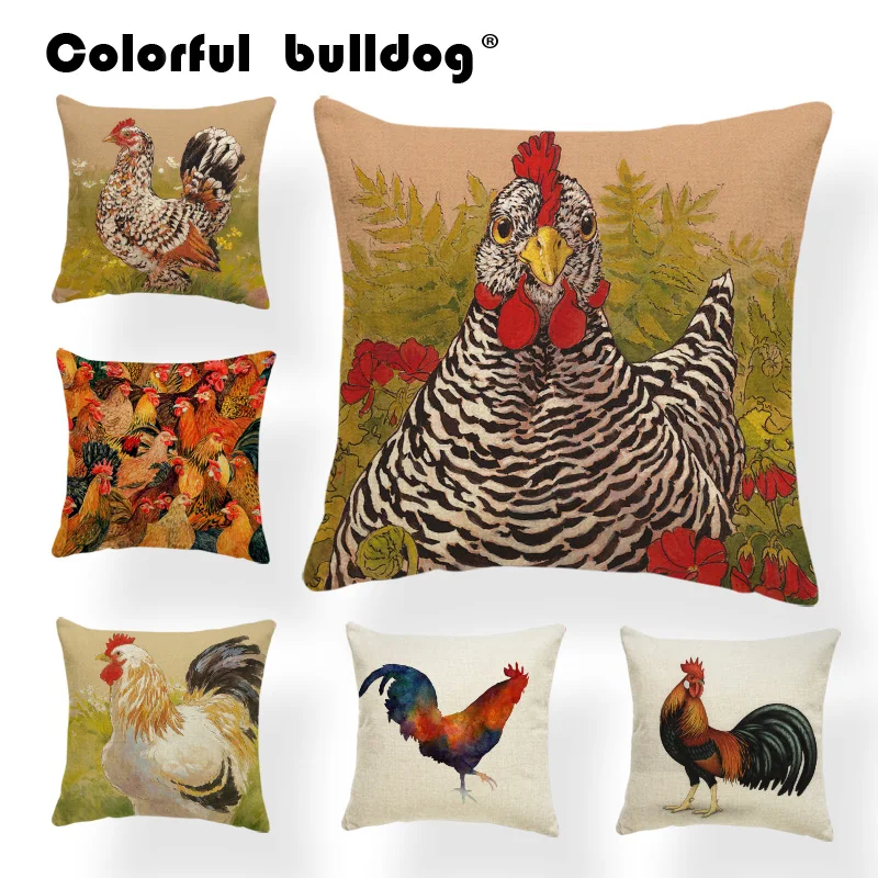 Retro Shabby Chic Pattern Cover Pillows Watercolor Rooster Throw Pillowcases Farmhouse Sofa Decor Polyester Blend Cover Pillows