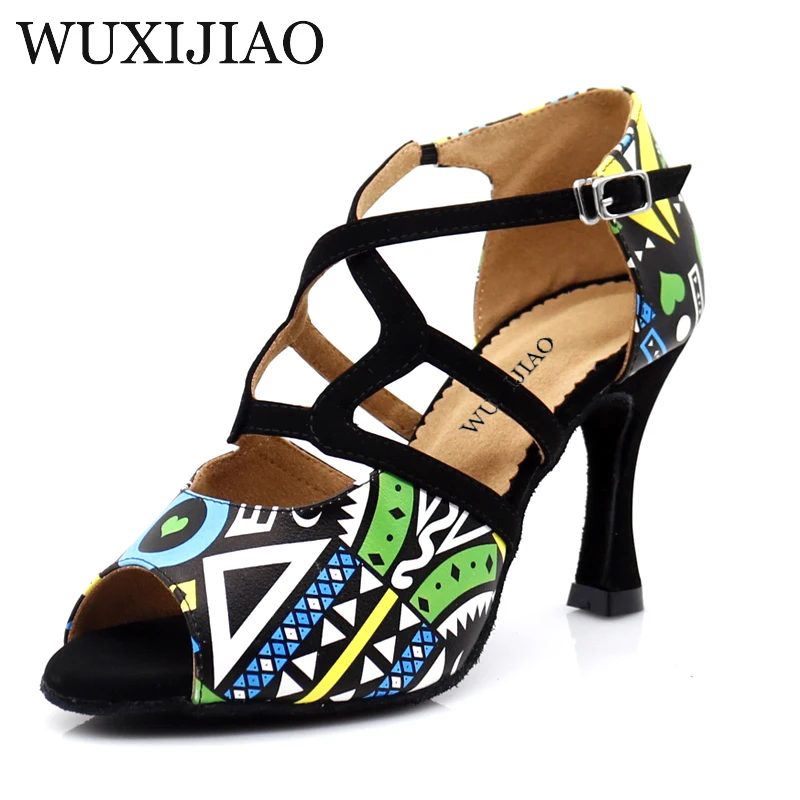 

WUXIJIAO dance shoes girl Latin dance shoes trend printing PU salsa dance shoes HEEL5CM-10CM