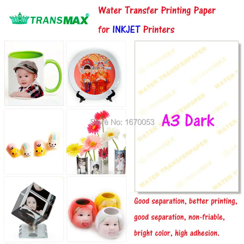 

20 Sheets Colorful Products A3 Dark INKJET PRINTER Water Transfer Printing Paper for Cup and Stone