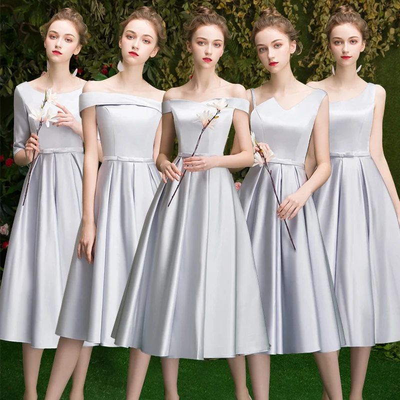 Girl Women Princess Satin Grey Party Dresses New Marriage Sister Group Girls Gray Bride sister Dress Bridesmaid Prom Gown | Женская