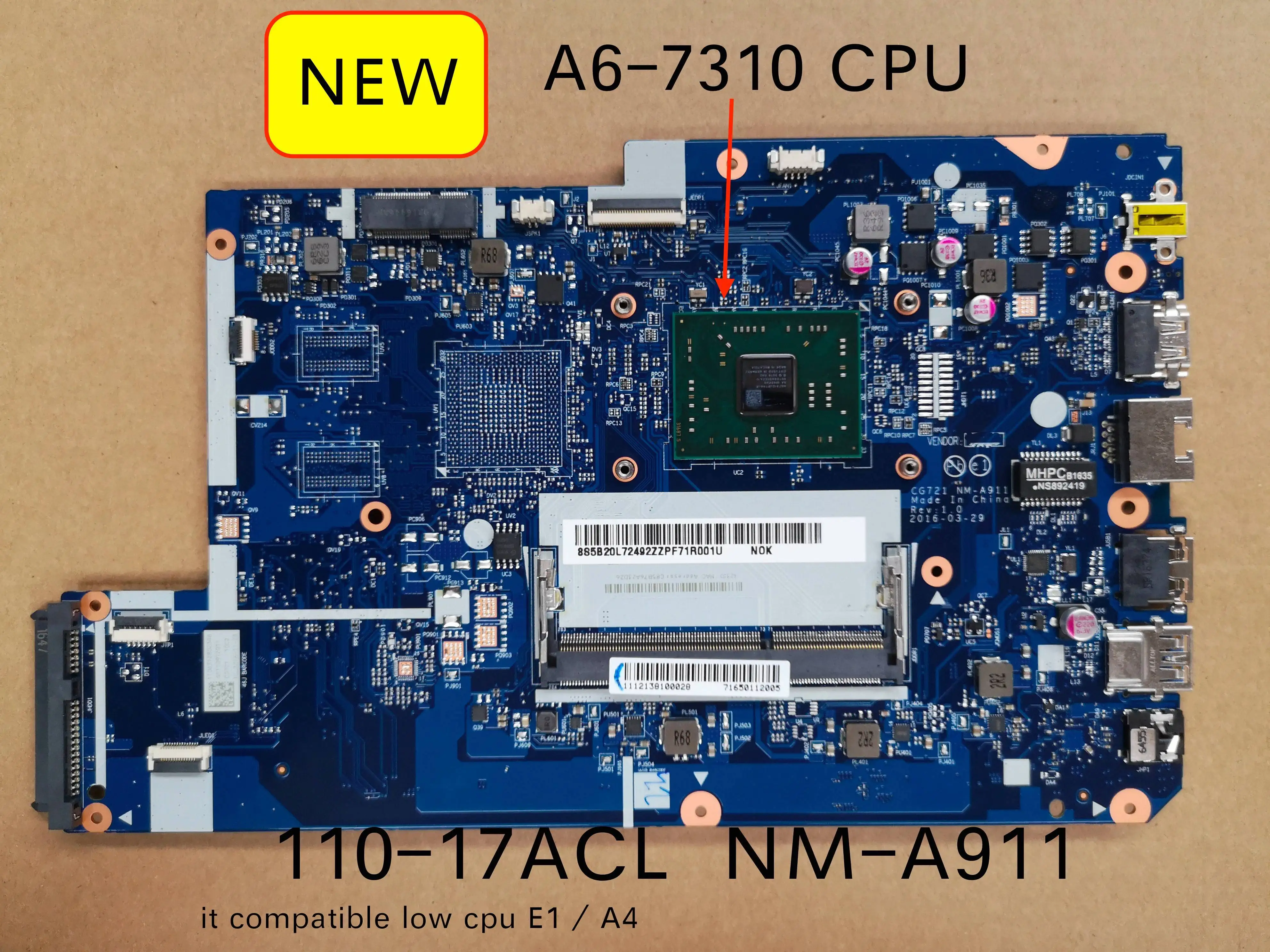 Материнская плата для ноутбука Lenovo 110 17ACL CG721 NM A911 FRU 5B20L72483 5B20L72492 5B20L72491|Материнские