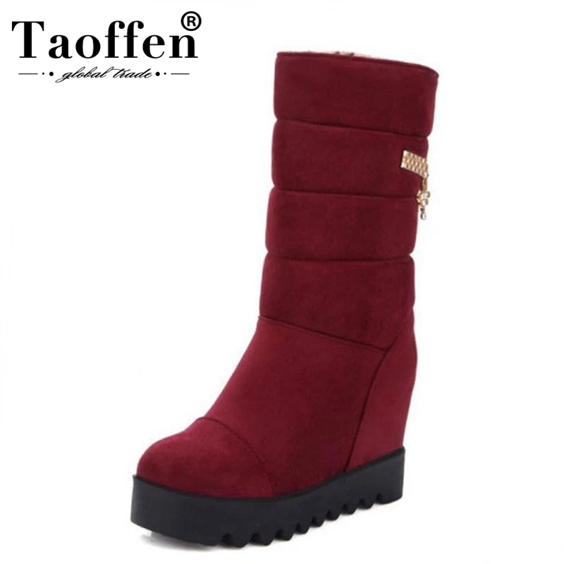Taoffen/теплые женские зимние ботинки на танкетке обувь меху с круглым носком