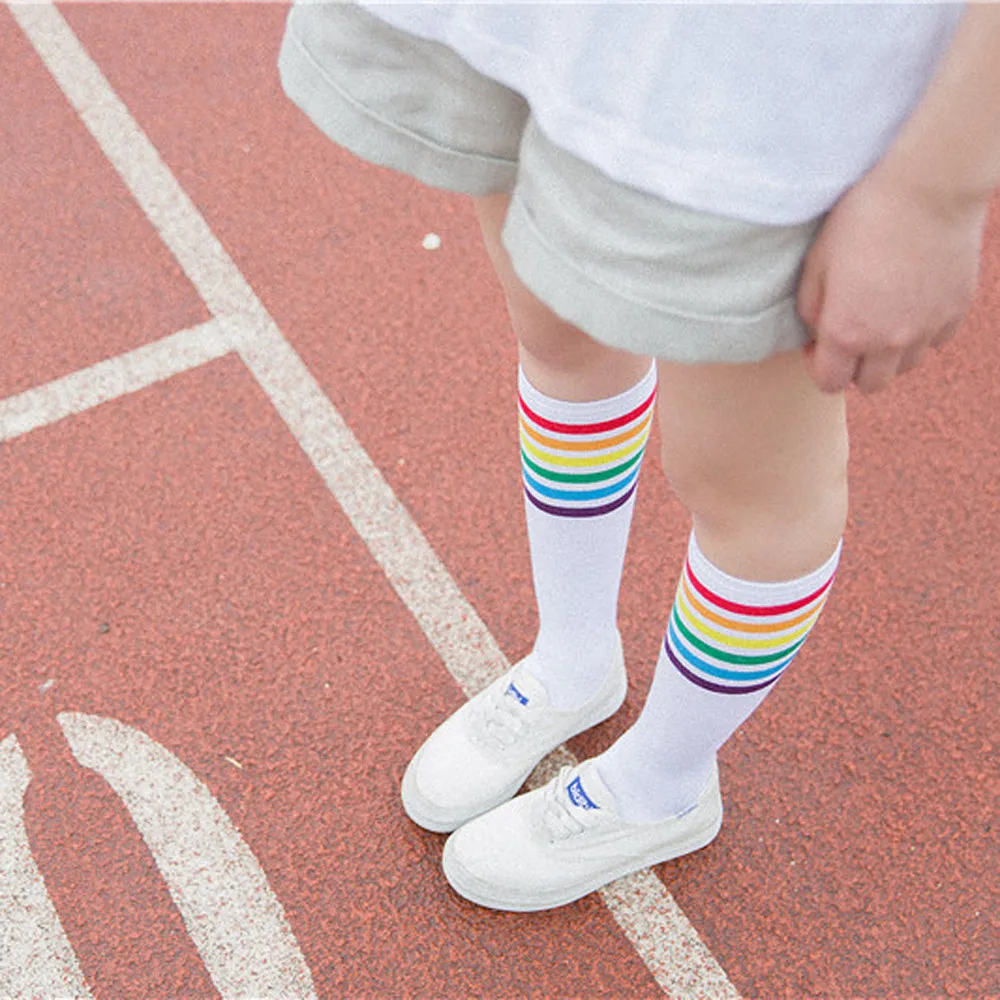 Perimedes New 2018 High Quality Professional Brand Sport Socks Over Knee Rainbow Stripe Girls Football Black White | Спорт и