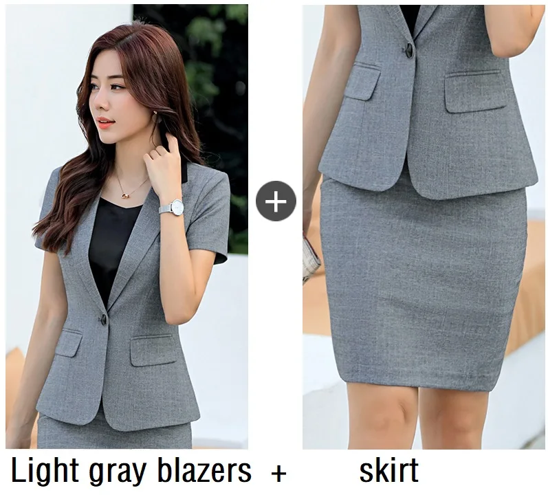 gray blazers skirt Женские костюмы, тонкие летние однотонные блейзеры, брюки длиной до щиколотки, комплект из 2 предметов, OL, Деловые женские брючные костюмы, женские комплекты, костюмы - Цвет: gray blazers skirt