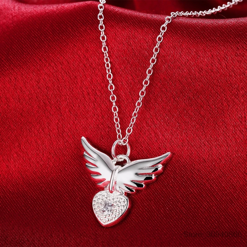 LEKANI New Arrival Fashion Angel Wings Love Heart Shape 925 Sterling Silver Pendant Necklace Fine Jewelry Gift For Women