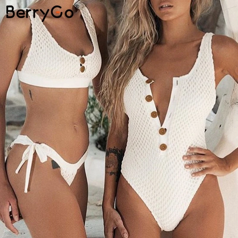 BerryGo, сексуальный белый слитный купальник с сеткой, женский купальник с пуговицами и открытой спиной, цельный летний купальник, повседневный пляжный тонкий купальник