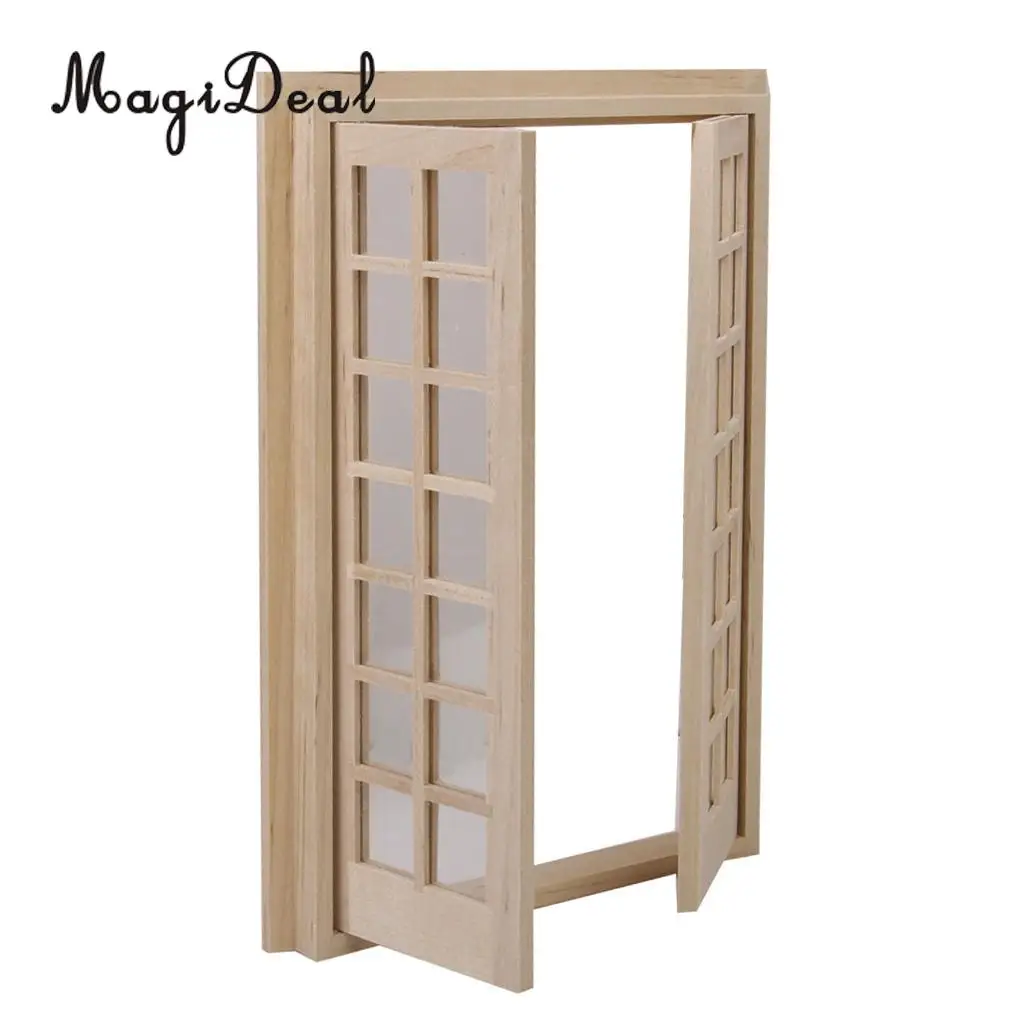 1/12 Dollhouse Miniature Exterior Wooden Door 28 Panel Wooden Color for Dolls House Bedroom Furniture Acc Kids Pretend Play Toy