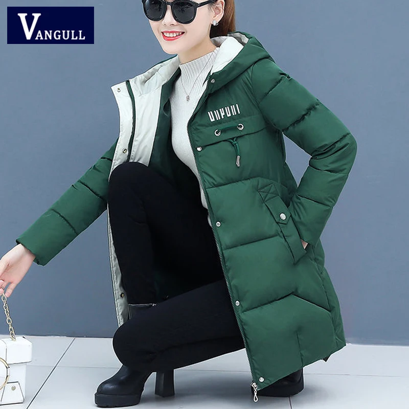 Vangull Winter Women Parkas Casual Long Sleeve Hooded Jackets Autumn Warm Letter Print Long Female Coats Zipper Outerwear