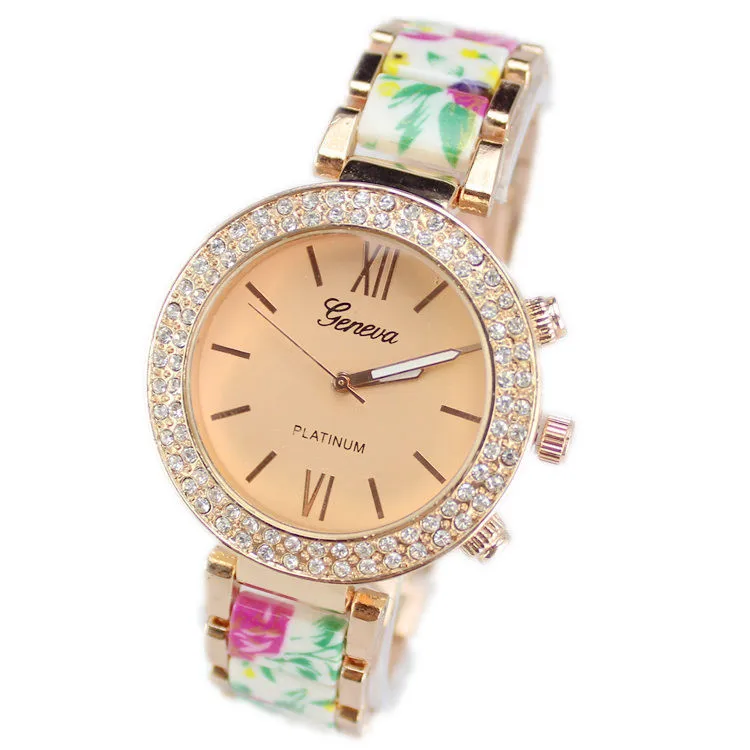 2015 новинка цветок печатные бренда женева платье часы женщины полный стали