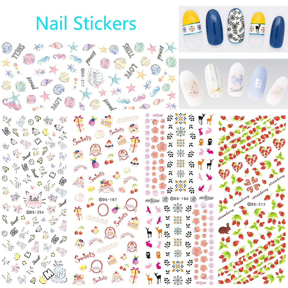 5 шт./лот переводные наклейки для ногтей олень/Торт/Собачка/ПЭТ/цветы/ракушки