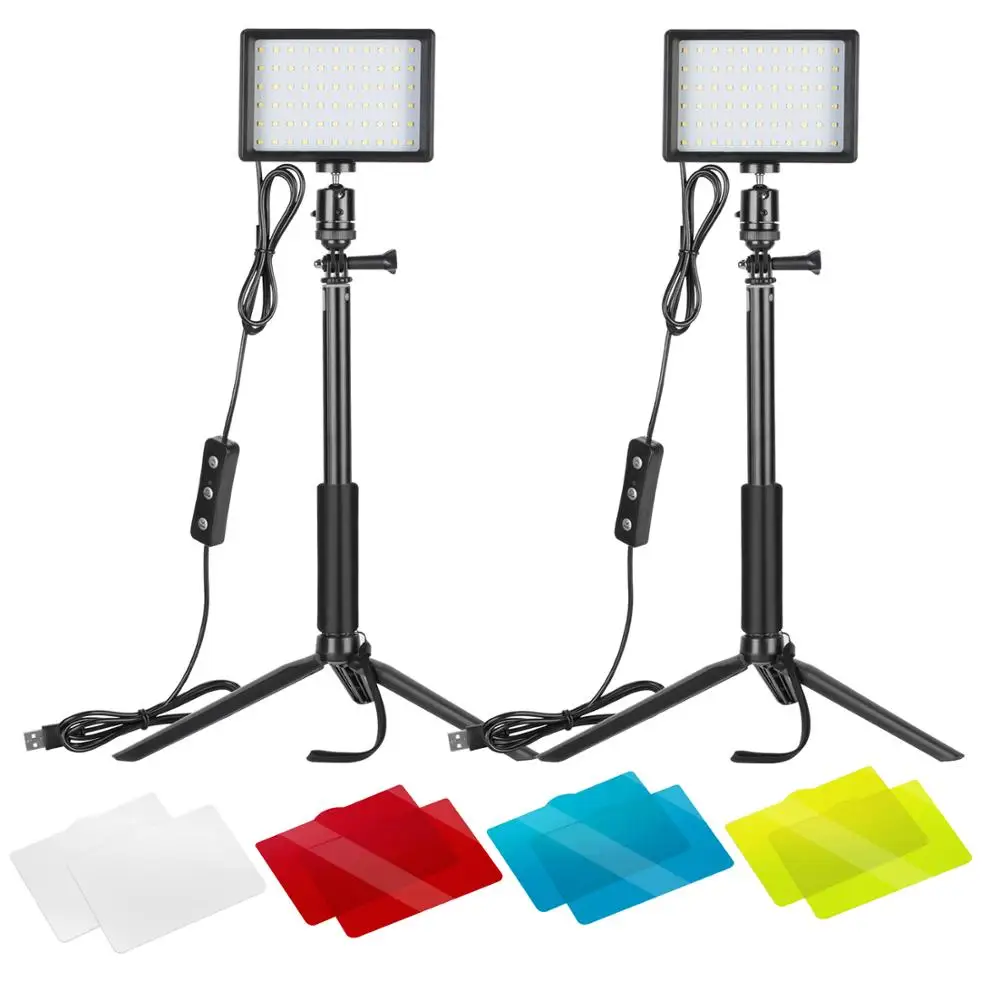 Neewer 2 Packs Dimmable 5600K USB LED Video Light with Adjustable Tripod Stand/Color Filters for Tabletop/Low Angle Shooting