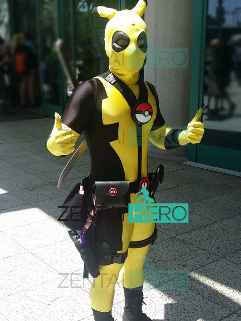 Черно-желтый костюм Дэдпула с Пикачу изготовленный на заказ мужской из лайкры