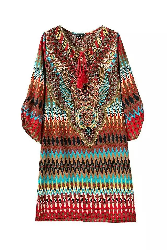 2015 Summer Style Women Casual Loose Hippie Bohemian Dress Retro Vintage Ethnic Floral Print Plus Size | Женская одежда