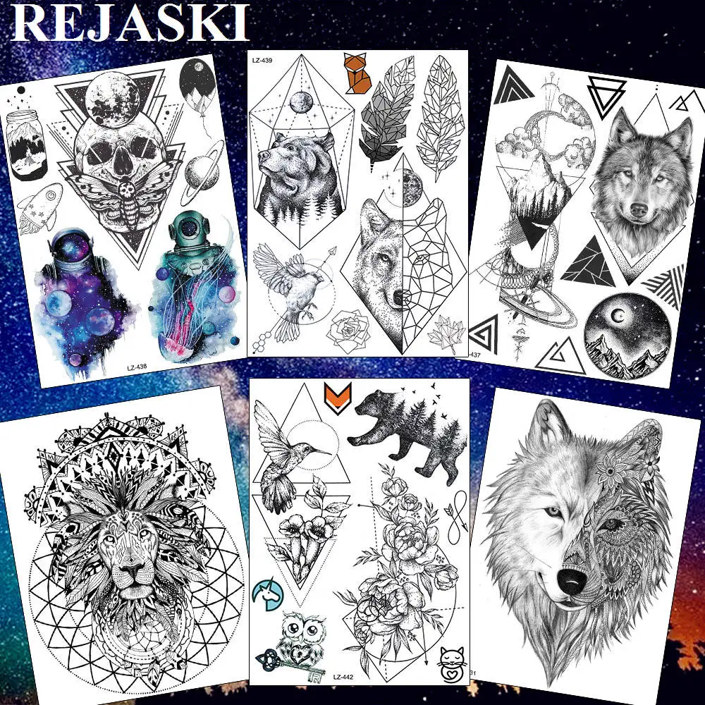 

REJASKI Geomtric Wolf Beat Feather Temporary Tattoos For Women Men Flower Fake Tatoo Sticker Black Body Art Arm Leg Tattoo Paper