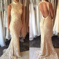 new elegant high neckline mermaid open back prom dress 2021 lace sleeveless long evening gowns for special occasion event