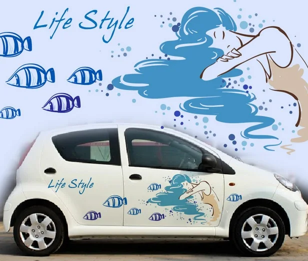 Левая сторона автомобиля наклейки синяя морская рыба девушка Автомобиль